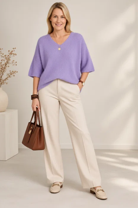 Pulover pufos cu alpaca, oversize cu maneca fluture, mov deschis
