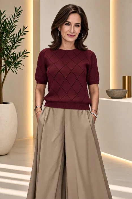Pulover dama cu maneca scurta si model ajurat geometric, bordo