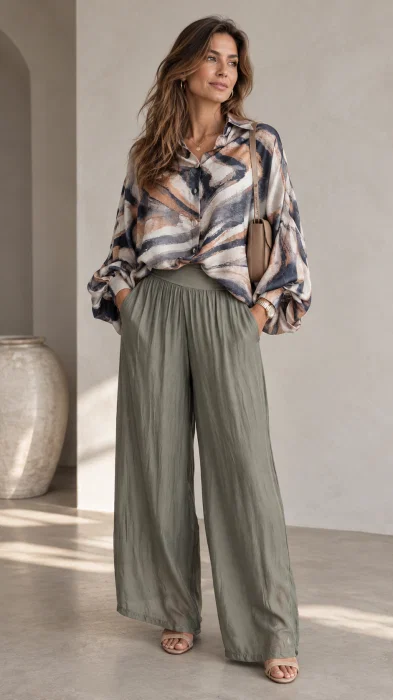 Pantaloni palazzo dama eleganti, largi, din matase si vascoza cu dublura, kaki
