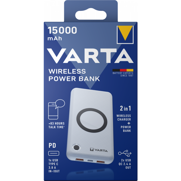 Baterie Externa Wireless Varta Energy, 15000mAh, 18W, QC + PD + FQI, 1 x QI - 1 x USB-C - 2 x USB-A, Alba