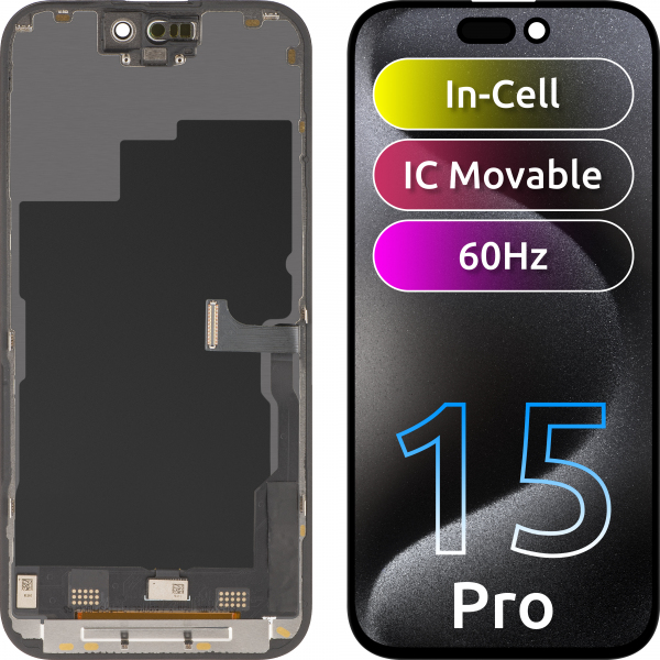 Display cu Touchscreen ZY pentru Apple iPhone 15 Pro, cu Rama, Versiune LCD In-Cell IC Movable, Negru